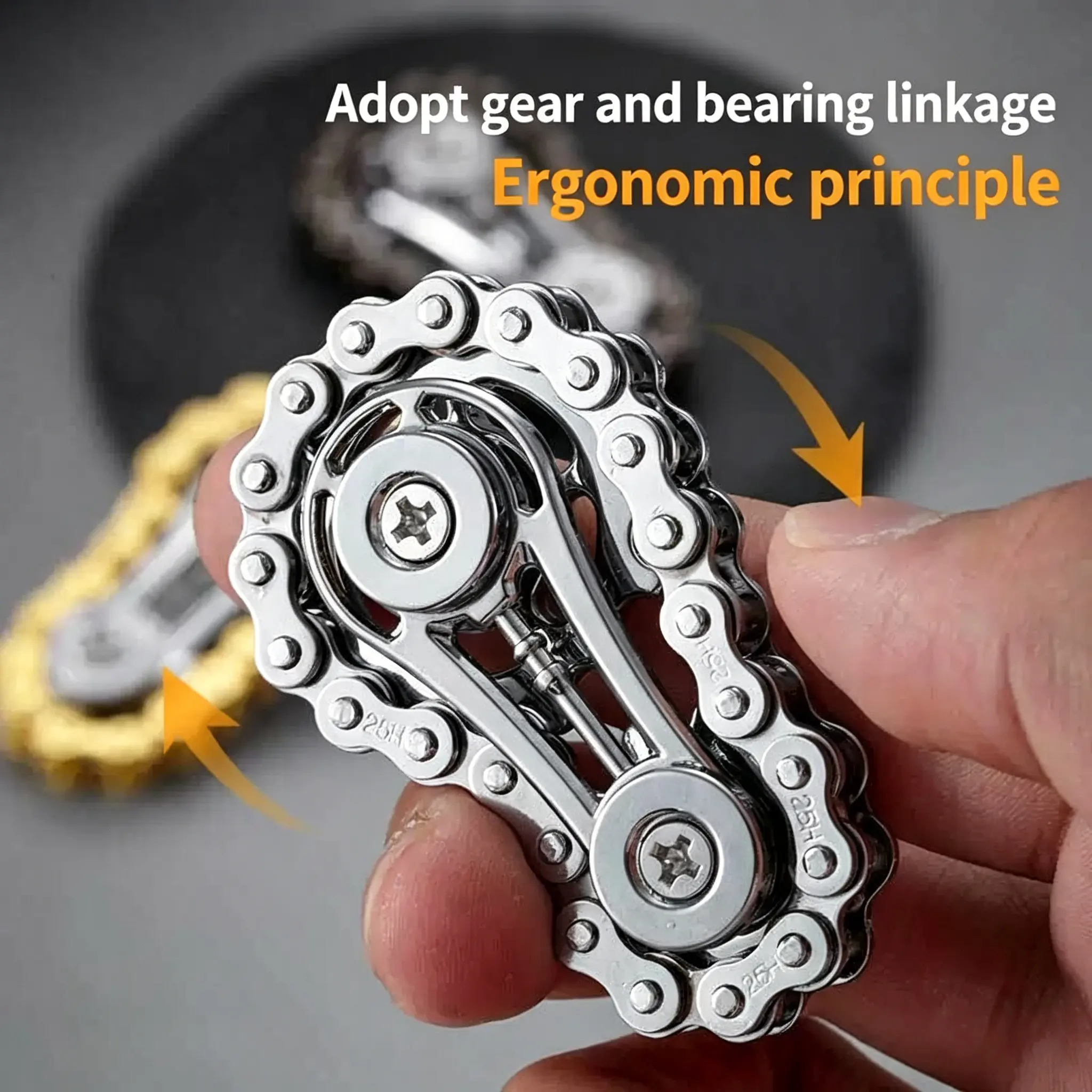 Bike Chain Fidget Spinner, CNC Machined Stainless Steel Silent Gear Spinner, Steampunk Desk Toy for Adults, Stress Relief Focus Tool Office Decor Mechanical Art Collectible