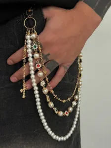 Luxury Three-Layer Pearl Pants Chain with Gemstone and Cross Pendant, Vintage Style Accessory for Men, Trendy Fashion Gift