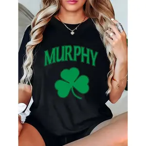 Women's St. Patrick's Day T-Shirt with Murphy Name & Green Four-Leaf Clover Print, Casual Irish Festival Party Wear 100% Cotton T-shirt