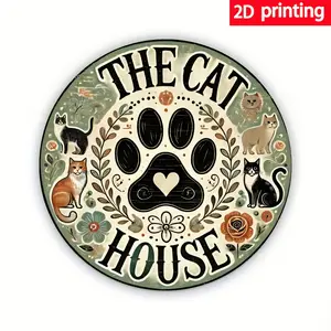 Vintage Cat-Themed Round Metal Wall Sign – 7.87 Inch Foil Sculpture with Paw Prints, Floral & Leaf Design |   2D Flat Iron Wall Art for Home, Farmhouse, or Pet Store Décor |   Perfect Gift for Cat Lovers