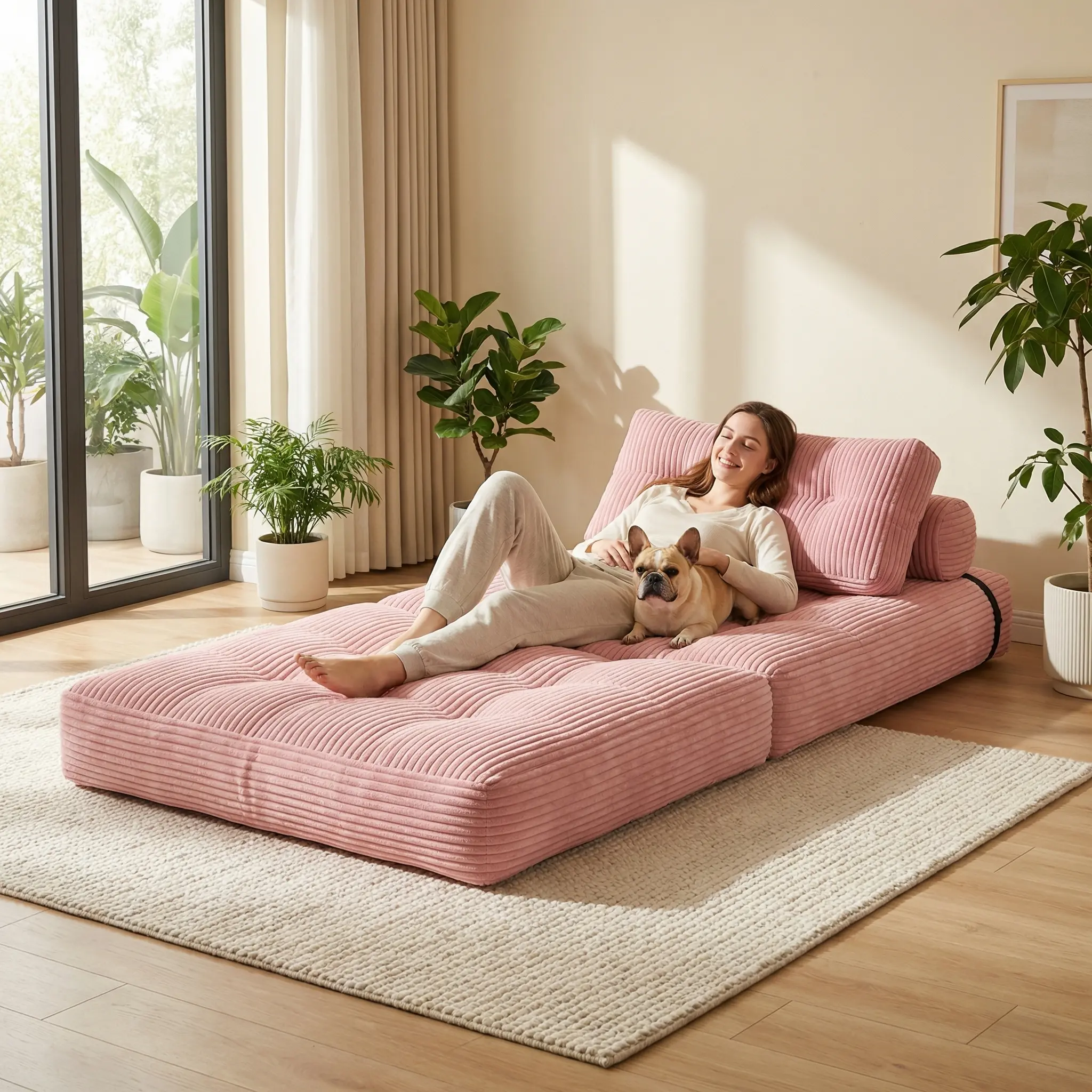 Mr IRONSTONE Foldable Sofa Bed with Headrest (Stays Put), Convertible Sleeper Chair with Pillow, Cloud-Soft Foam Back Support Mattress, Fold Out Couch Loveseat for Small Living Spaces (Pink, Gray, Beige, Corded Fabric, Approx. 34x70")