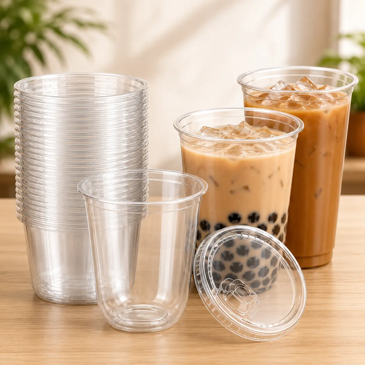 U-Shaped Plastic Cups with Thick Walls, Leak-Resistant Drink Cups for Bubble Tea, Iced Coffee and Cold Beverages Disposable
