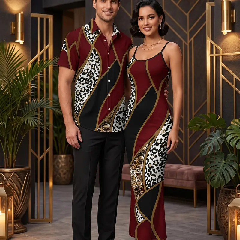 Matching Couple Vacation Outfits Set Colorblock Geometric Leopard Print Men Short Sleeve Shirt and Women Spaghetti Strap Bodycon Maxi Dress
