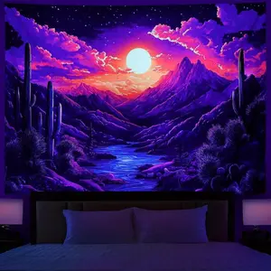 Blacklight Sun Mountain Tapestry UV Reactive Abstract Mountains and Rivers Landscape Tapestry Trippy Saguaro Aesthetic Tapestry Hippie Sunset Starry Sky Tapestry Wall Hanging for Bedroom