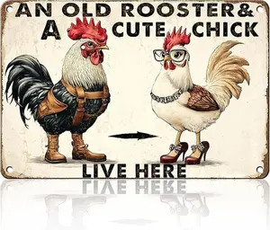1pc Vintage "An Old Rooster & Cute Chick Live Here" Aluminum Sign - Rustic Farmhouse Wall Decor for Home, Kitchen, Garden, Barn - Weather-Resistant Metal Art w/ Pre-Drilled Holes, Trending Viral Must-Have Whimsical Chicken Lover Gift Aesthetic Country