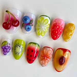 10 Pcs 3D Fruit Almond Shape Nail Tips, Cute Cherry Blueberry Strawberry Watermelon Grape Design, Nail Art, Glossy False Nails for All Women
