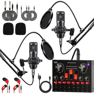 Podcast Equipment Bundle for 2, Audio Interface with Cardioid Designer BM800 Mic for Gamer and All-in-One DJ Mixer,  for Live Streaming, Singing, YouTube