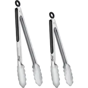 Stainless Steel Kitchen Tongs, Set of 2-9" and 12", Locking Metal Food Tongs for Cooking, Serving, BBQ, Grill Non-Slip Grip