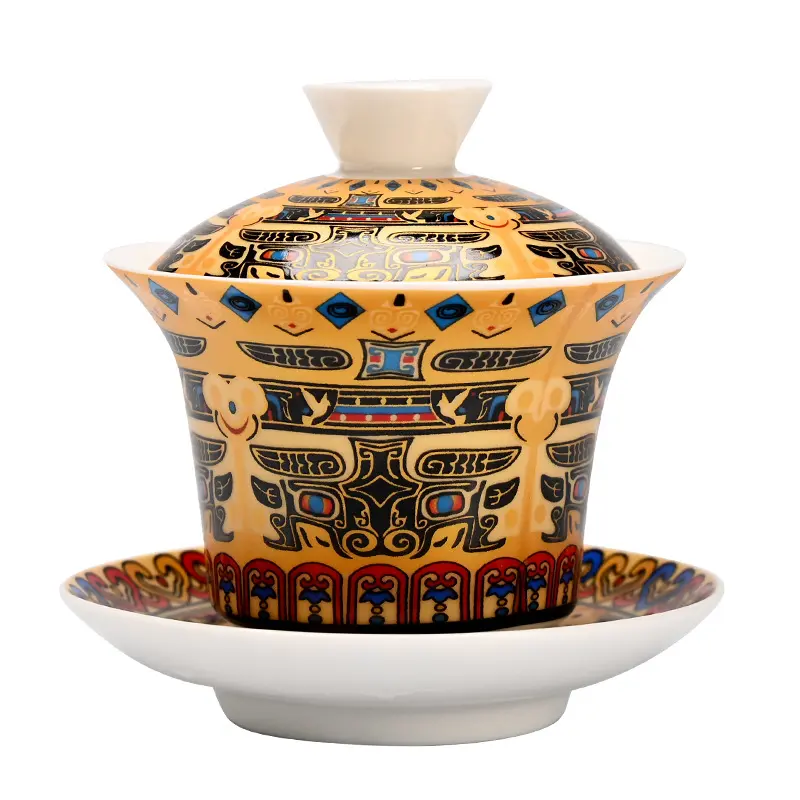 Handcrafted Traditional Porcelain Ancient Totem Gaiwan Tea Set with Lid - Lightweight Luxury Chinese Cultural Ritual Pottery Collectible