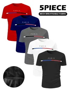 Men's Fitted Breathable Paris Multi-Color Striped Letter Print T-Shirt Set, Short Sleeve Round Neck Sportswear for Gym Yoga Casual Wear, Fitness Sportswear Set