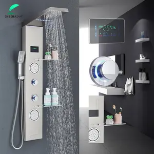 Brushed Nickel Bathroom LED Rainfall Shower Faucet Set Multifunction Digital Display Shower Column System SPA  Jet With Shelf