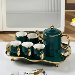 Ceramic Tea Set, 8 Counts/set Including Tea Pot & Tea Cups & Tray, Household Tea Set for Home Living Room Dining Room, Ceramic Matcha Set