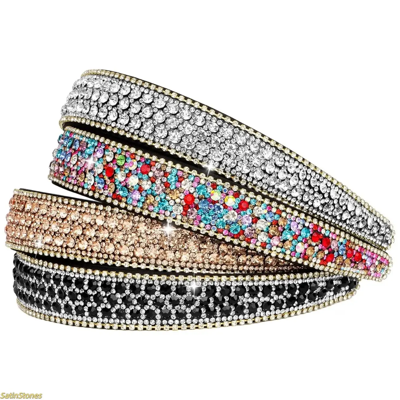 Women's 4-Pack Elastic Assorted Set Beaded Crystal Bling Rhinestone Glitter Headbands, Sparkly Floral Hair Accessories for Prom, Daily Casual Wear, Elastic Headbands, Assorted Set Headbands
