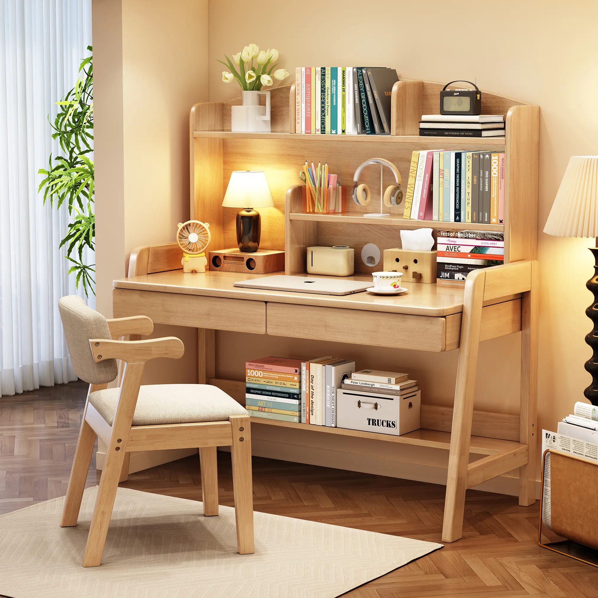 Kids Solid Wood Study Desk with Bookshelf - Multi-functional, Durable, Assembly Required, 10-11 Years Adjustable Desk with Solid Wood Texture, Wooden Tabletop Storage for Bedroom Use