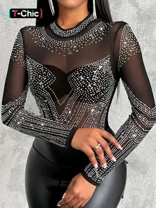 Women's Rhinestone Decor Sheer Tulle Bodysuit, Sheer Mesh Bodysuit, Sexy Long Sleeve Round Neck Bodysuit for Party Club Dating, Women's Clothes for Spring & Fall