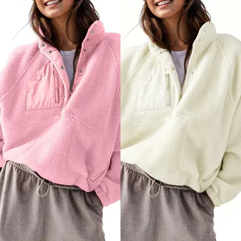 Mundoven Womens Fuzzy Fleece Pullover Sherpa Sweatshirt Long Sleeve Button Down Sweater Winter Fleece Jacket with Pockets Womenswear