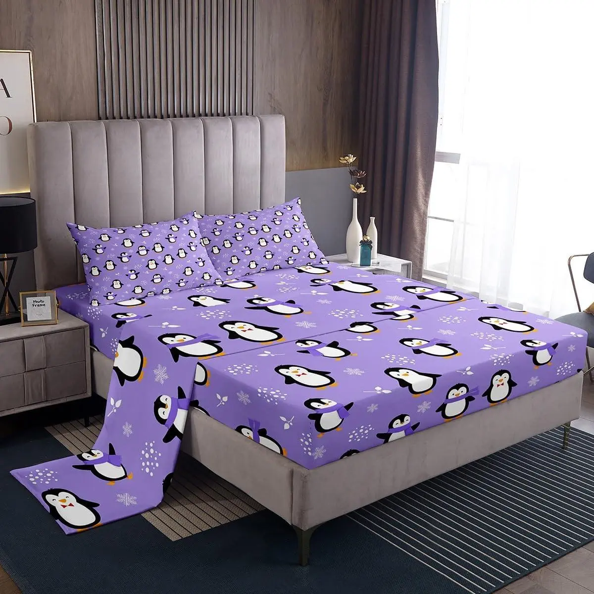 Penguin Bed Sheets Kawaii Penguin Sheet Set,Antarctic Animal Fitted Sheet for Kids Boys Girls Teens Cartoon Cute Winter Theme Bedding Set,Snowflake Pattern Flat Sheet Room Decor,Purple