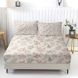 Fresh Leaf Floral Print Fitted Sheet Set, Including 1 Sheet And 2 Pillowcases, Comfortable Bedding, Bedroom Decor, Floral Sheets