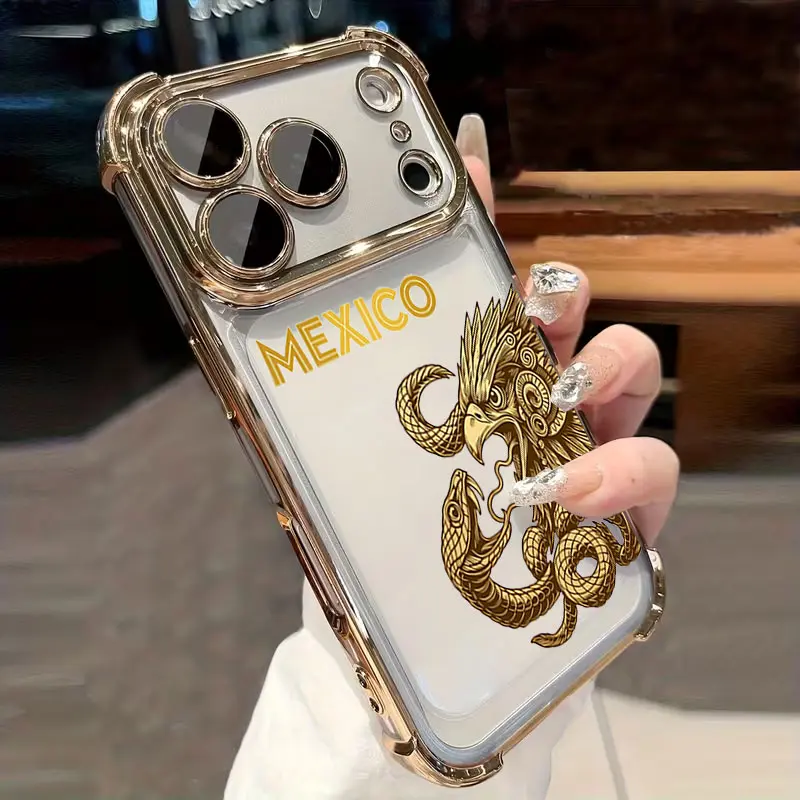 Golden Eagle Snake Letter Print Transparent Electroplated Airbag iPhone Phone Case, Vintage Eagle Snake Pattern Cases Suitable for iPhone 17 Air 16 Pro Max 15 14 Plus 13 12 11 Plus XR XS Samsung Galaxy S26 Ultra S25 Ultra S24 S23 S22 Phone Case