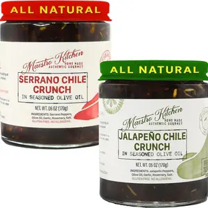 Spicy Serrano & Mild Jalapeno Pepper Chili Crisp Crunch - 6oz Variety 2 Pack - All Natural Chili Oil Hot Sauce 100% Olive Oil, Garlic & Rosemary - Crunchy Mexican Seasoning – Gluten Free Vegan