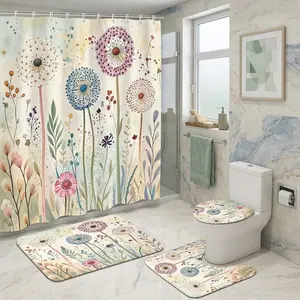 4pcs Whimsical Watercolor Floral Bathroom Decor Set, Elegant Dandelion-Inspired Shower Curtain, Luxurious Bath Mats, Perfect for Easter or Mother's Day