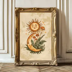 Earthy Celestial Poster, Earthy Boho, Celestial Sun & Moon Print, Folk Art, Retro Cottagecore, Mushroom Art, Vintage Moon And Sun Wall Art, Room Decor, Unframed