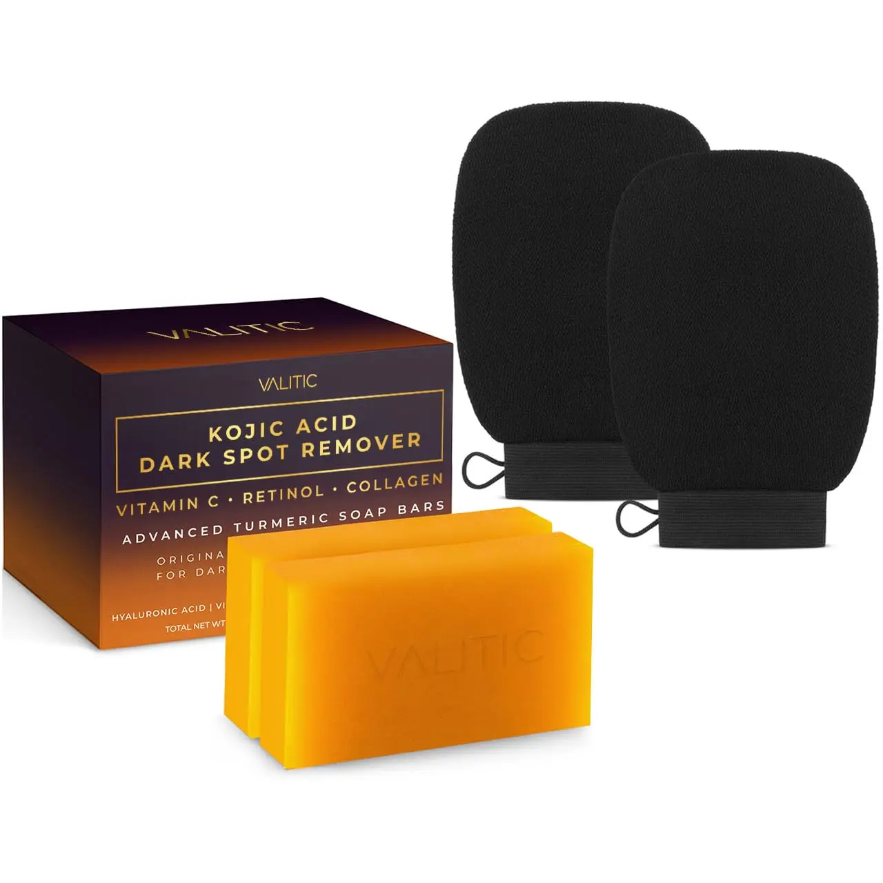 VALITIC 2-Pack Kojic Acid Dark Spot Corrector Soap Bars with Vitamin C, Retinol, Collagen, Turmeric, Shea, Hyaluronic Acid - Original Japanese Complex - Gentle Hydrating Daily Body Care Bundle with 2 Black Exfoliating Scrub Gloves