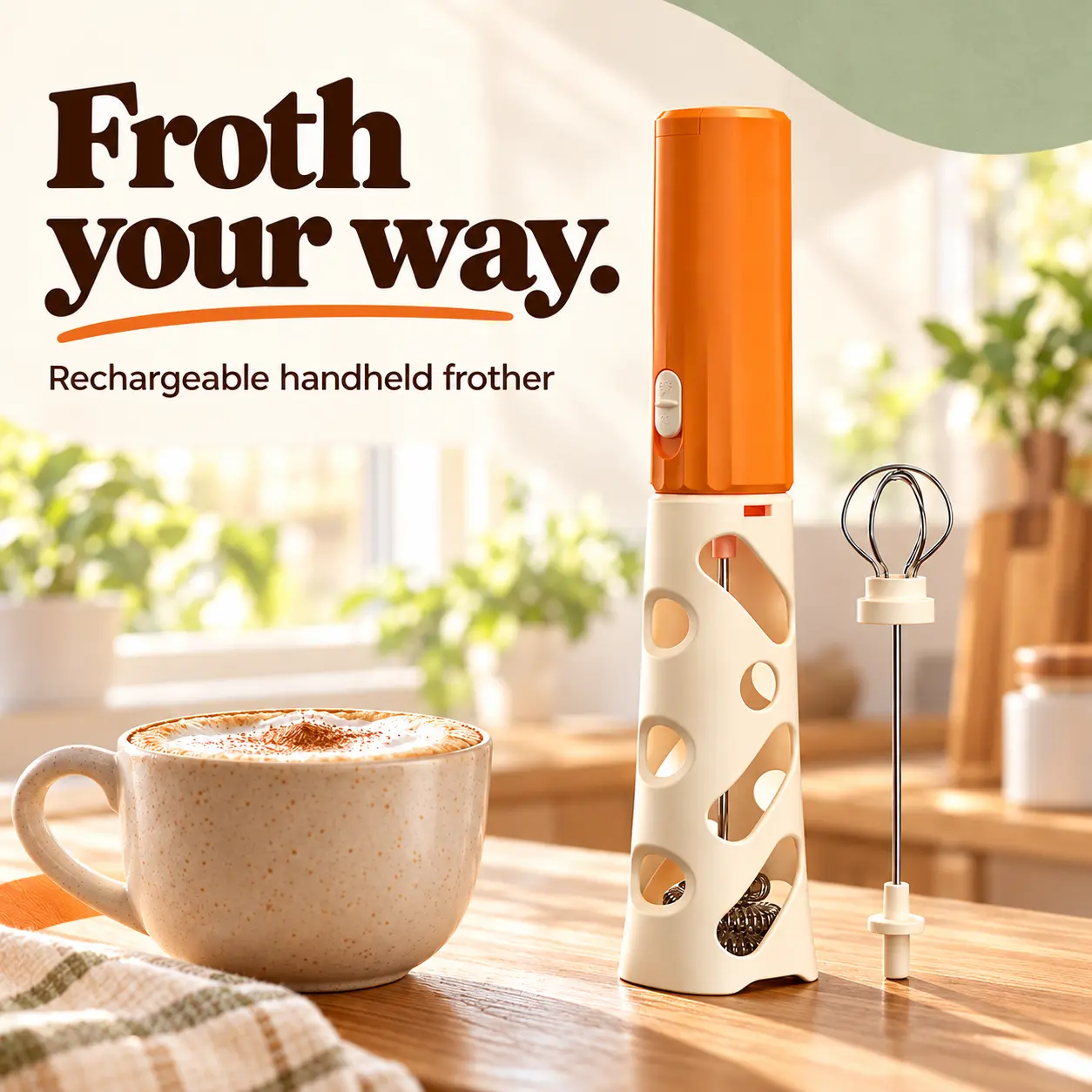 USB-C Rechargeable Milk Frother and Egg Whisk with 2 Interchangeable Heads and Protective Holder