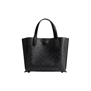 COACH Willow 24 Classic Monogram Tote Bag for Women – PVC-Weave Texture with Zippered Compartments and Magnetic Closure, Black