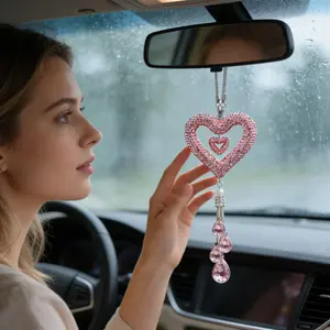 Heart Pendant Car Hanging Ornament, Rhinestone Backview Mirror Decor, Crystal Tassel Charm, Automotive Interior Accessory, Car Interior Decoration, Car Accessories, Car Interior Ornaments