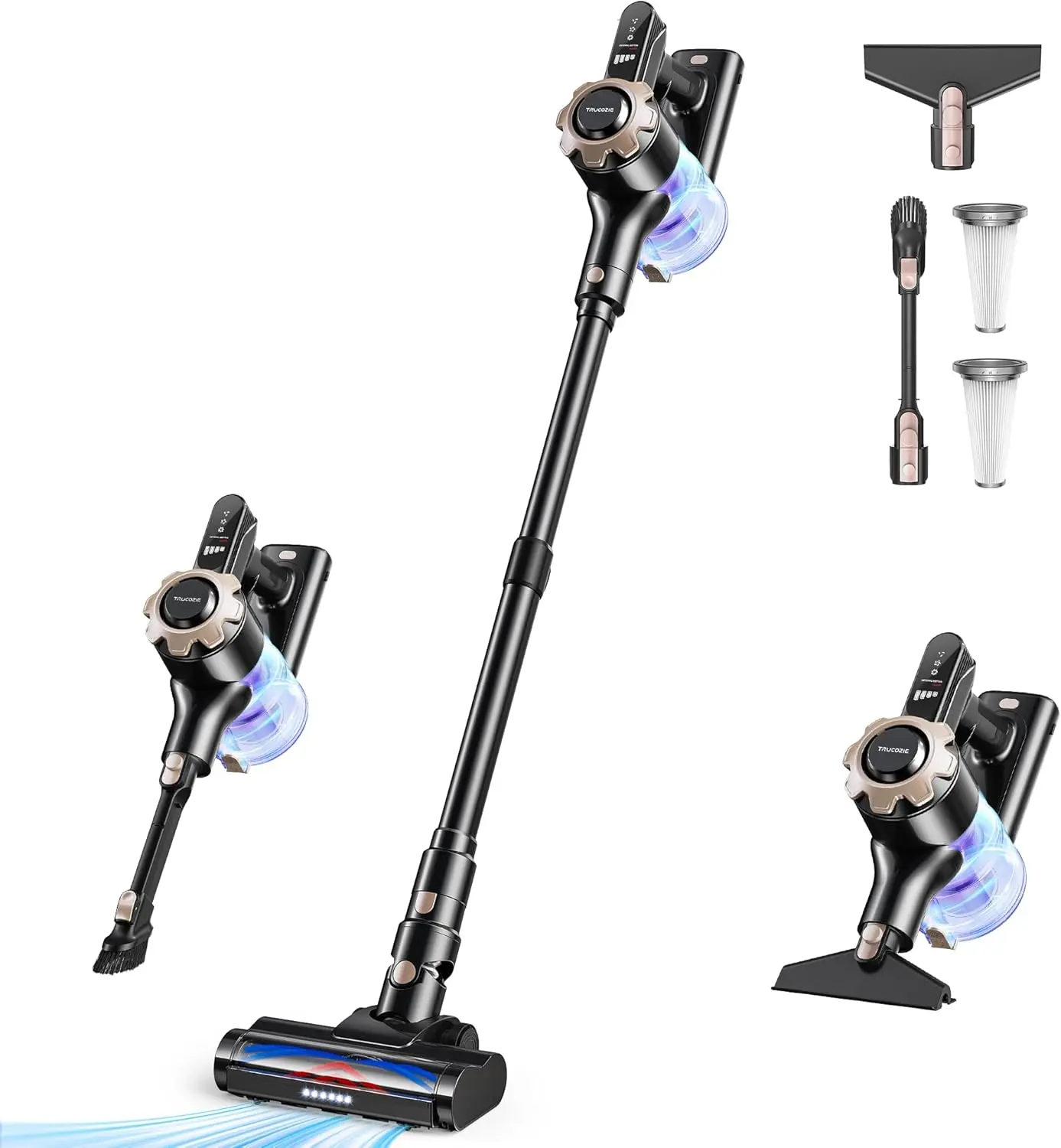 Trucozie Cordless Vacuum Cleaner, 8-In-1 Lightweight Stick Vacuum with 45Mins Runtime, Powerful Suction, Vacuum Cleaners for Home, Hardwood Floors, Carpet, Pet Hair, Black