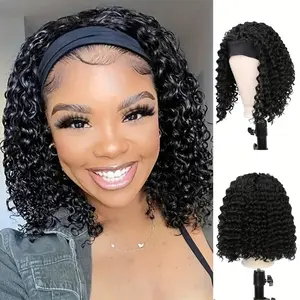 Deep Wave Human Hair Headband Wig Curly Hair Wigs Machine Made No Lace 180% Density Natural Color 14 Inches 250g Afro Wig with Bangs Natural Look hairextensions curly