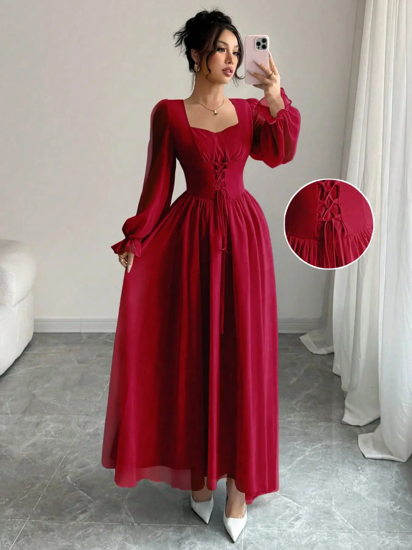 Vintage Wine Square Neck Bubble Sleeve Waist Cinching Drawstring Long Dress, French Court Style Formal Wear Elegance Evening Side Tie Flared Gown, Silk Smooth Fabric - TikTok Shop Vintage Wine Square Neck Bubble Sleeve Waist Cinching Drawstring Long Dress, French Court Style Formal Wear Elegance Evening Side Tie Flared Gown, Silk Smooth Fabric - TikTok Shop