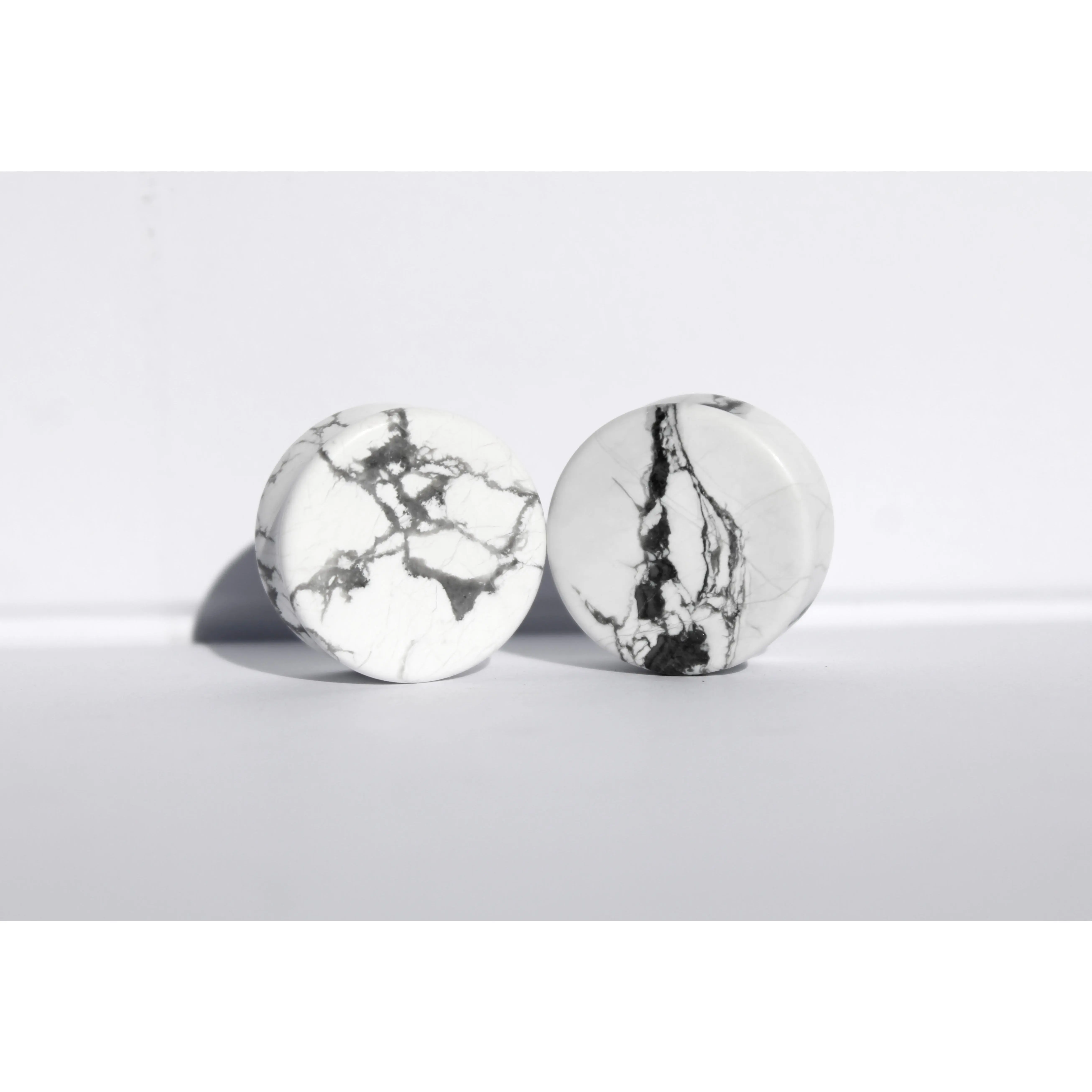 Natural Howlite Stone Ear Gauges - Double Flare Plug Earrings with Bright White Base, Clean Minimalist Look, Soft Black, Polished Finish, Gray Marbled Veining