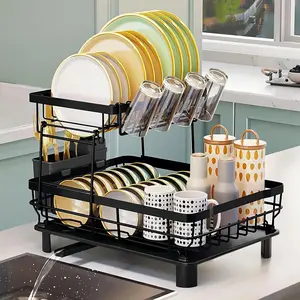 2-Tier Dish Drying Rack,Dish Drying Organizer with Drainboard,Detachable Dish Drainer Organizer,Tableware Drain Storage Shelves,Kitchen Cutlery Room Organizer,Christmas Gift,Mother's Day Gift, Black