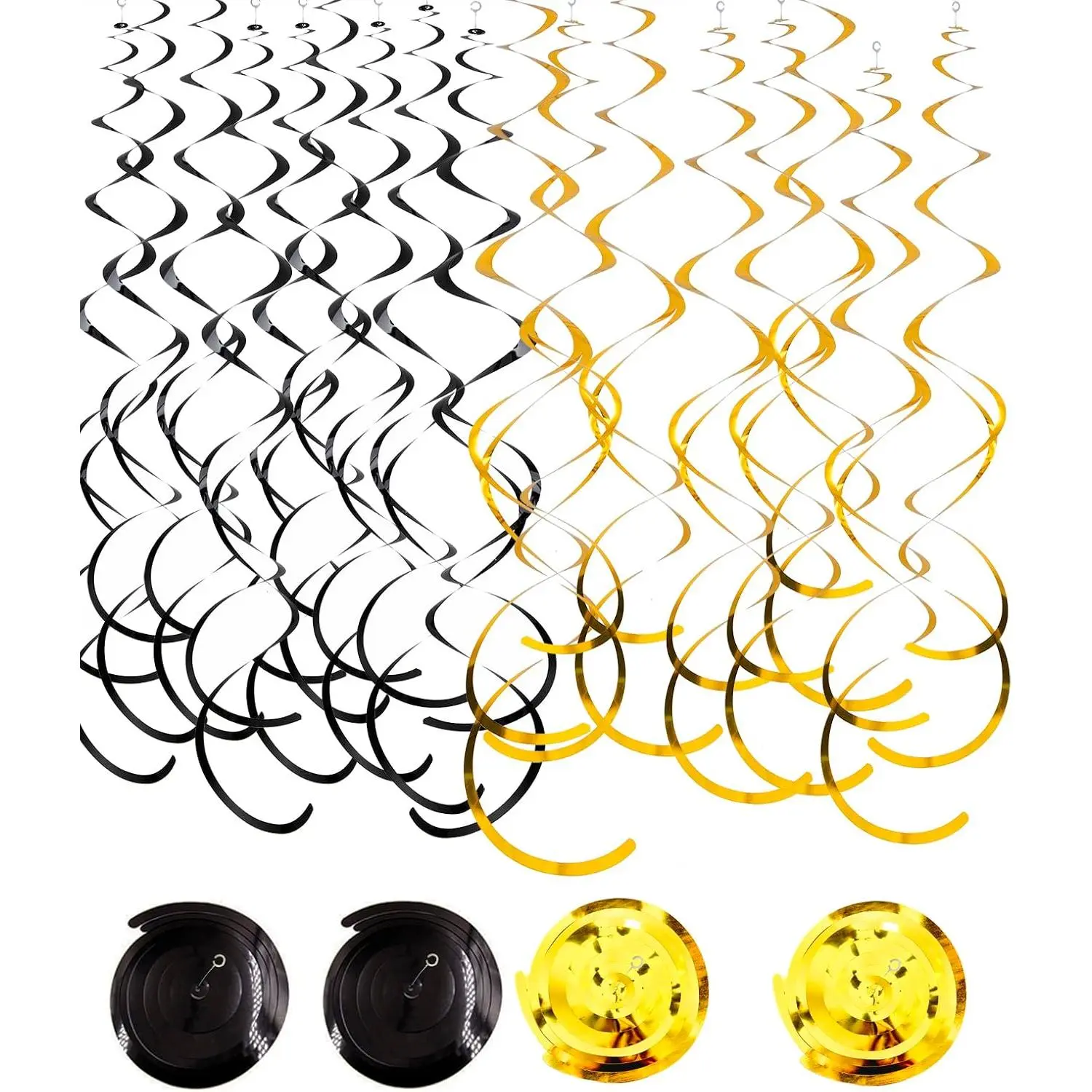 30Pc Gold and Black Foil Swirl Hanging Decorations, Plastic Streamers for Ceiling (22 in) - Colorful Streamers Hanging Ornaments for Birthday Party