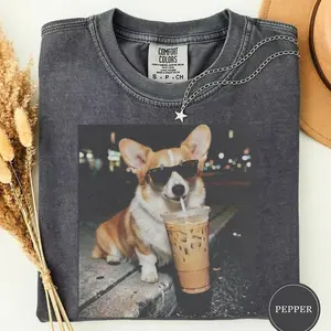 Comfort Colors Funny Corgi Drinking Iced Coffee Shirt, Dog Meme Graphic Tee, Silly Novelty Shirt, Sarcastic Meme Gift, Funny Shirt Women Men UU