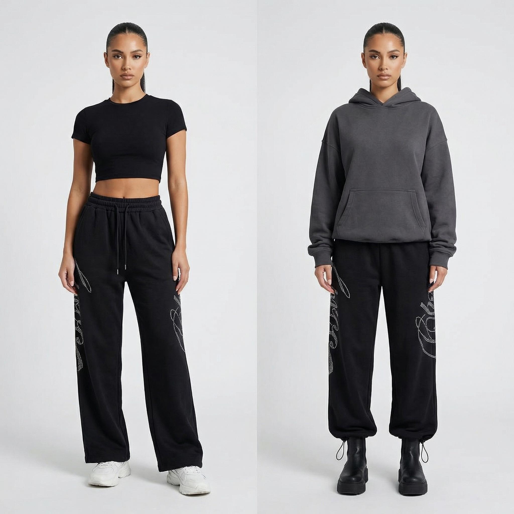 Women’s Baggy Wide-Leg Sweatpants Comfortable Drawstring Parachute Joggers with Adjustable Hem Y2K Rhinestone Graphic Casual Lounge Streetwear