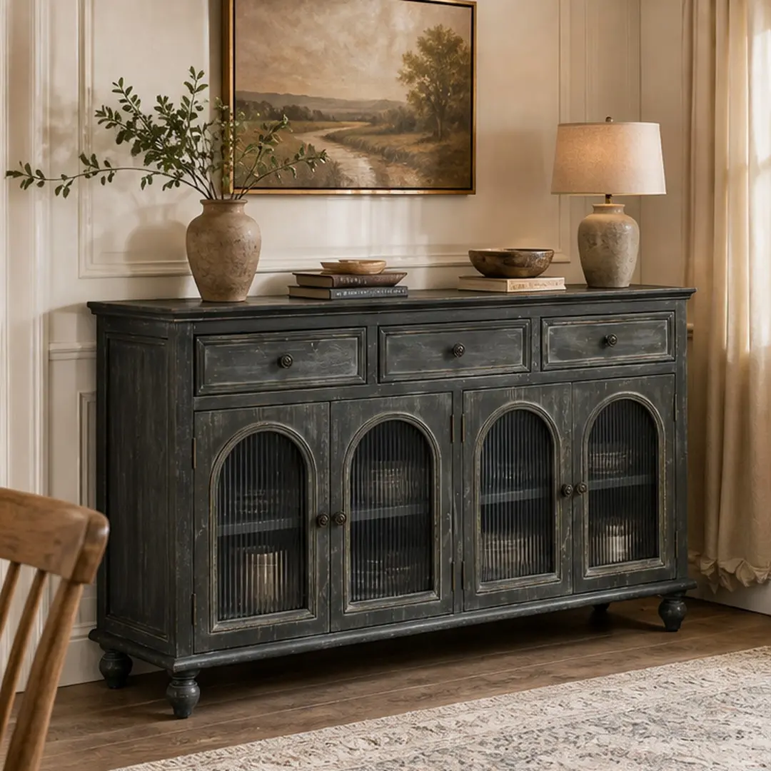 ARCH 59.06" Chic Farmhouse Dustproof Reeded Glass Sideboard Buffet Cabinet - American Design, 3 Drawers, 4 Glass Doors, Distressed Wood Credenza, Multi-Compartment System Storage Unit, for Dining Room Kitchen, Black/Gray Color Options, Chic Farmhouse Side