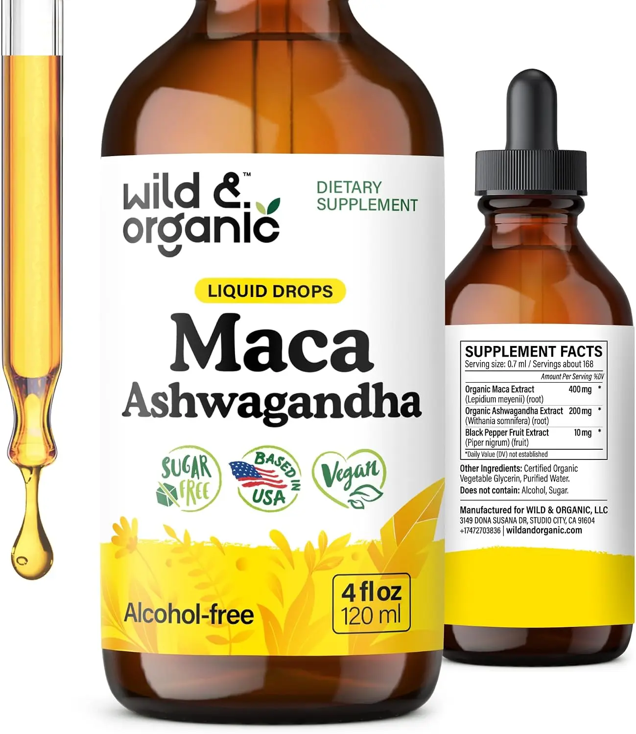 Wild & Organic's Maca Ashwagandha Drops for Men and Women - Peruvian Maca Root and Ashwagandha Tincture for Overall Support - Vegan, Sugar & Alcohol-Free Extract Supplement