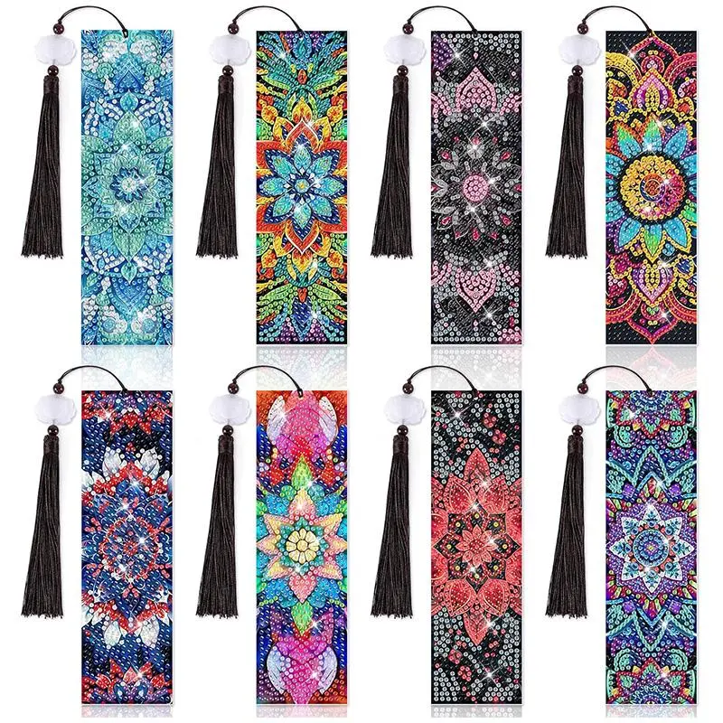 Mandala Pattern DIY Diamond Arts Colorful Painting Kit Bookmark, 8pcs Acrylic Tassel Beaded Bookmark, DIY Craft Supplies for Beginners and Adults, Beginner Friendly, Book Accessories