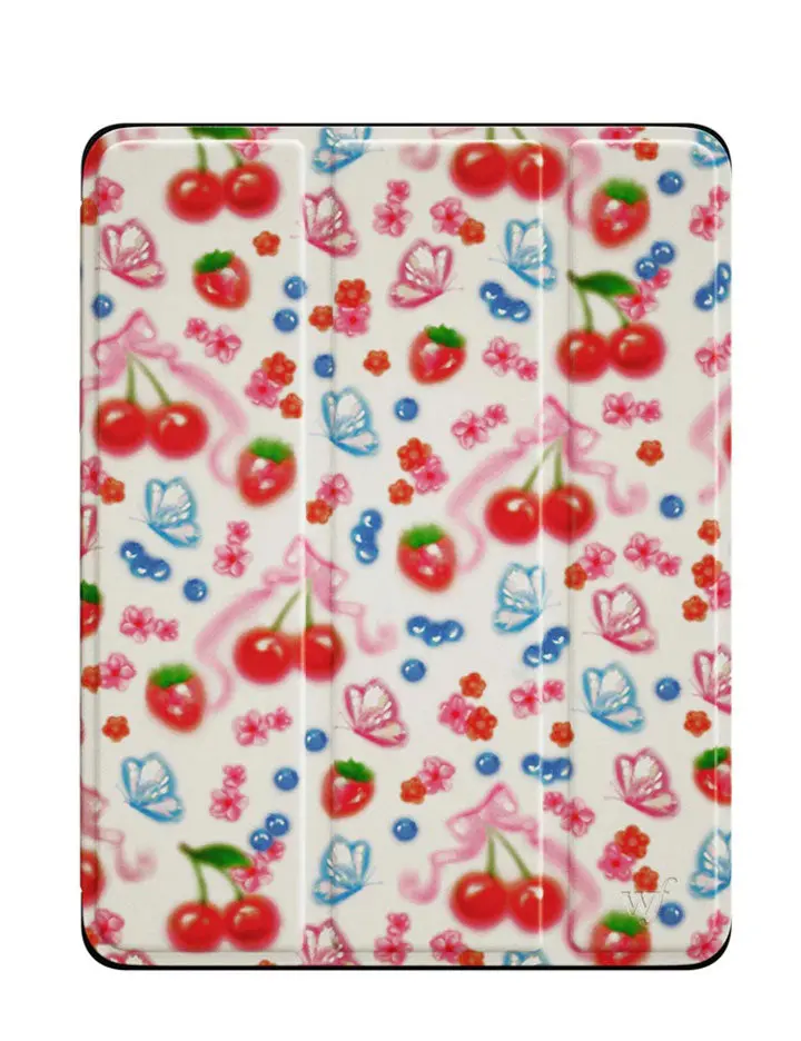 Sweet Cherries iPad | Limited Edition iPad Case | Foldable Folio Case Backing | Women Owned Small Business | White Background Vibrant Shiny Pink Bows and Shiny Red Cherries | Safety Casing Protective | Gift For Her