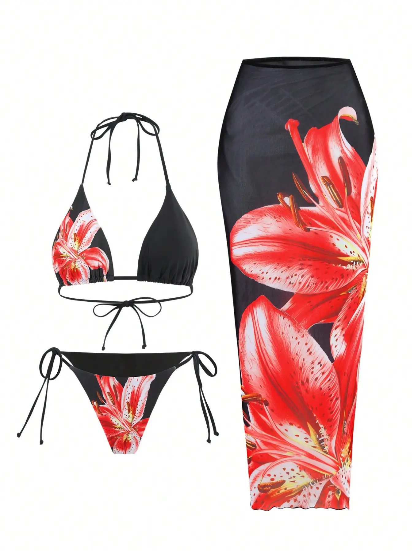 Women's Floral Print Sexy Two-Piece Bikini Swimsuit with Skirt Three Piece Set, Stylish Beachwear for Summer Vacation, Floral Print Bikinis, Floral Print Swimsuits, Bathing Suit, Beach Swimwear Clothes