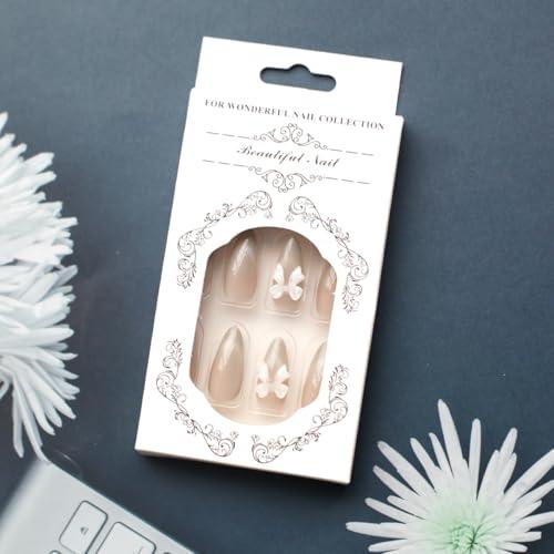 Almond Press on Cat Eyes French Tip Gradient Pink Acrylic Nails with Dot Diamond and 3D Bow Designs - 24pcs Glossy Full Cover Glue on False Nails for Women