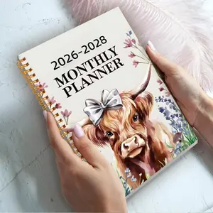 Cute Butterfly Floral Spiral Notebook, 100 Pages Monthly Planner, Girls' Gift, 2026-2028 High Country Cow Design, Organize Your Life