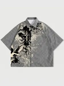 Men's Short Sleeve Shirt, Patchwork Plaid and Geometric Patterns, Casual Button Decor, Urban Style Top, Fashion Daily Wear