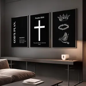 Set Of 3 Black Christian Wall Art; Minimalist Bible Verse Prints