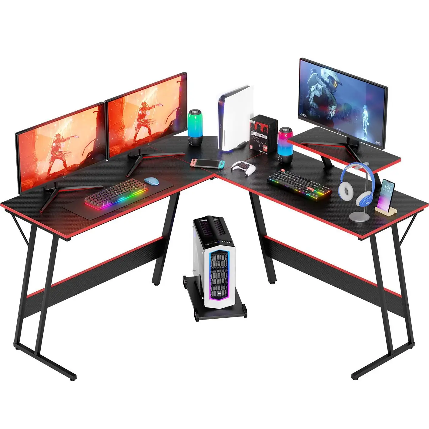 Corner Computer Desk Game Table,L Shaped,Gaming Desk with Large Monitor Stand & Carbon Fiber Surface, Home Office Study Writing Workstation,Space-Savi