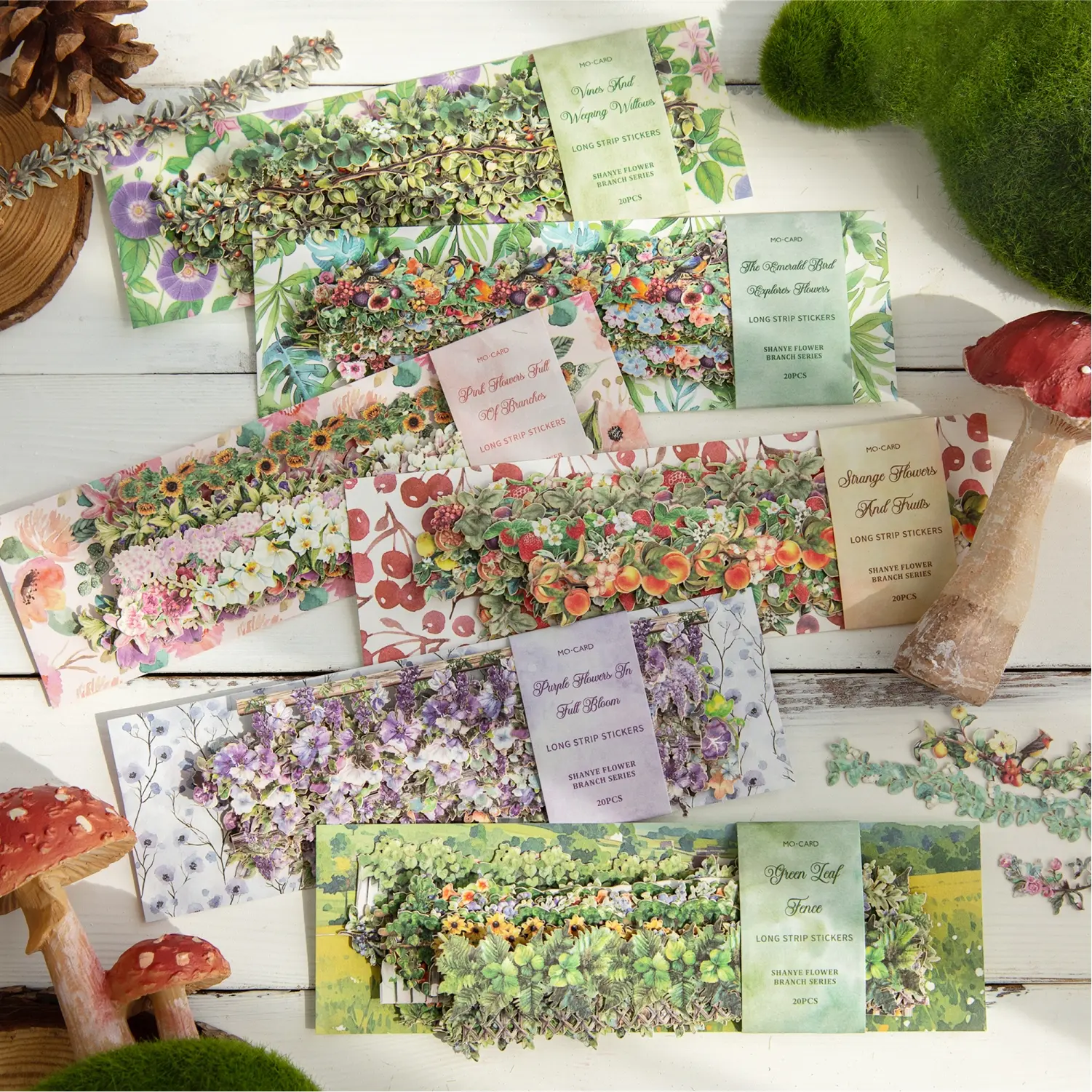 20 Sheets/bag Long Strip Stickers, Kraft Paper Material, Wild Flower Series Plant Theme Floral Pattern Sticker Journal Stationery, Scrapbooking Crafts Bottle Decoration Stickers, Art Stickers