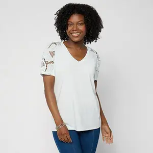 DG2 by Diane Gilman Everyday Jersey Eyelet Ruched Sleeve Top